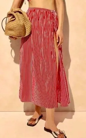 NWOT J. Crew Cotton Voile Beach Coverup Skirt Red & White Stripes Sz L Sold Out thumbnail 1