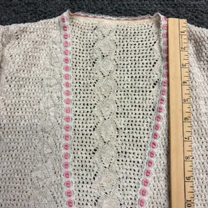 Vintage Style Crochet Knit Cardigan and Camisole Set Beige Pink Ribbon Trim thumbnail 9