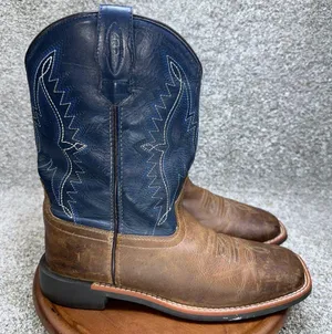 JB Dillon Reserve Men's Leather Cowboy Boots Blue Brown Square Toe Size 5.5M 7W thumbnail 1