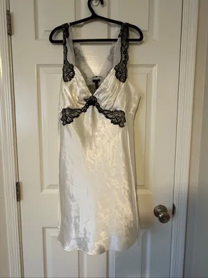 NWT Soma Magnolia Ivory Satin Black Lace Nightgown Chemise XL $69 thumbnail 2