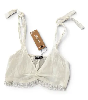 NWT Nasty Gal Crinkle Fringe Hem Bralette Size Crop Top Size Small Size 4 Cream thumbnail 1