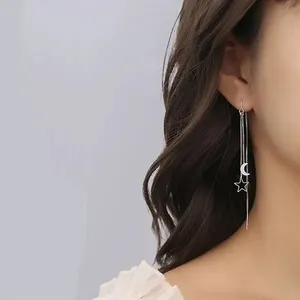 Silver Moon Star Threader Long Tassel Earring Chain, Drop Dangle Woman Earrings thumbnail 3