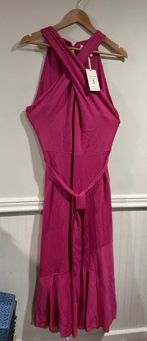Pink halter cross cross stretch dress maxi sleeveless xl NEW thumbnail 1