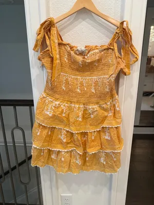 Cleobella Mustard Floral Smocked Tiered Mini Dress Size XL thumbnail 2