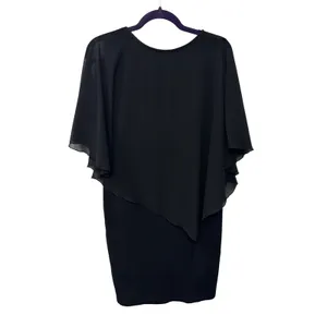 Black V-Neck Dress Capelet Overlay Cocktail Party‎ Goth Witchy Vamp Modest Small thumbnail 2
