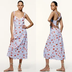 ZARA Floral Open Back Linen‎ Blend Midi Dress Sz Small thumbnail 2