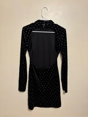 Emerald Sundae Black Velvet Long Sleeve Mini Dress with Silver Dot Detail thumbnail 8
