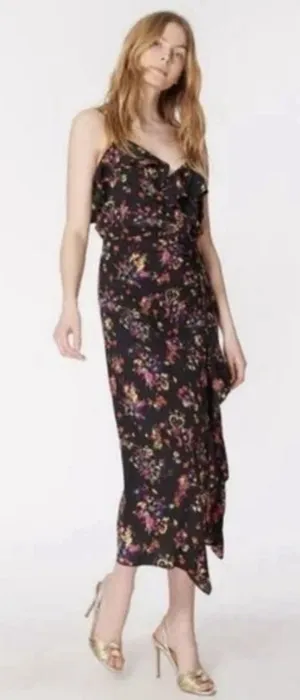 Veronica Beard Monica Silk midi dress Black Multi Floral Size 8/10 Sundress thumbnail 1