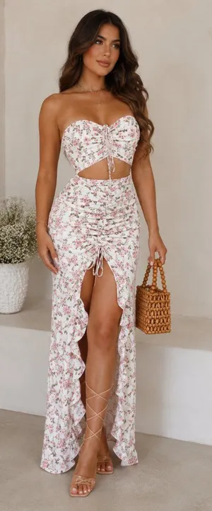 Floral Two-Piece Crop Top and Ruched Maxi Skirt Set NWT thumbnail 1