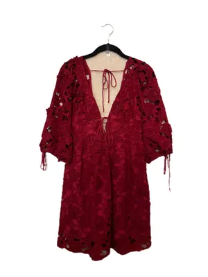 Storia Deep Red Lace V-Neck Eyelet Floral Mini Dress thumbnail 5
