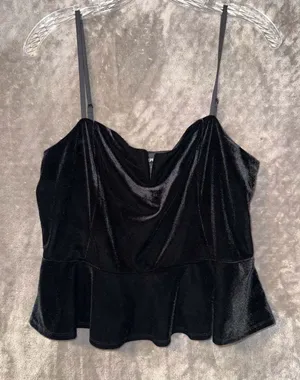 EXPRESS black velvet velour spaghetti strap peplum waist stretchy tank top L thumbnail 1