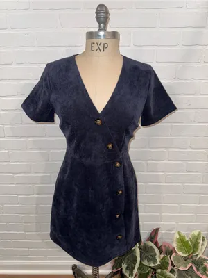 Everly Corduroy Women's Navy Short-Sleeve Button-Front Faux Wrap Dress thumbnail 6