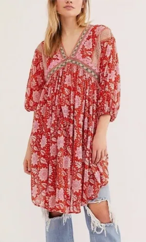 Free People Red Moon Child Maxi Top Tunic S thumbnail 1