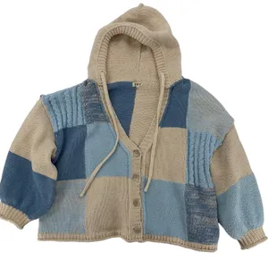 POL Blue Beige Patchwork Knit Hooded Button Cardigan Sweater Cozy Boho Size M thumbnail 2