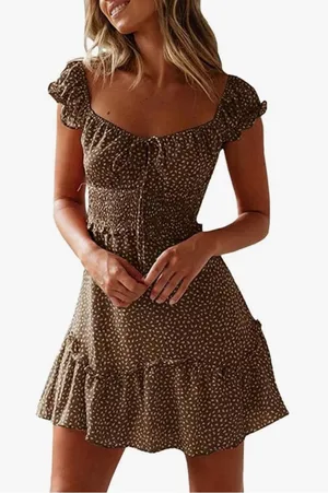 Brown & White Polka Dot Smocked Sleeveless Mini Dress with Ruffle Hem Size Small thumbnail 1