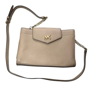 Michael Kors Beige Pebble Leather Crossbody Bag Gold MK Logo Chain Strap‎ thumbnail 1