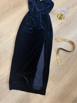 Bardot Navy Blue Velvet Midi Dress, Open Back Evening Dress with High Slit XS thumbnail 5