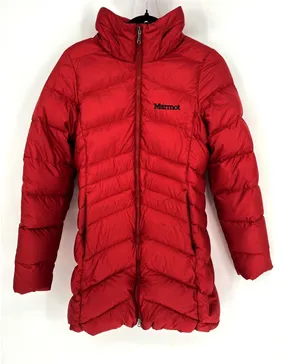 Marmot Puffer Jacket XS Red 700 Fill Down Quilted Hooded Winter Coat Longline thumbnail 1
