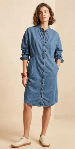 Boden Womens Blue Denim Ruffle Neck Button Front‎ Long Sleeve Shirt Dress US 4R thumbnail 1