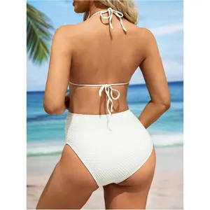 Maternity 3 Piece Swimsuit Textured Ruffle Halter Bikini Set w/ Skirt LARGE thumbnail 2