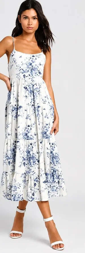 🌸 Lulus‎ Mykonos Mood Ivory Floral Print Tie Strap Tiered Midi Dress Size M 🌸 thumbnail 1