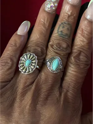 Western Turquoise Ring Set 2 Pc Sunburst & Marquise Stacking Bands sizes 6 & 7.5 thumbnail 2
