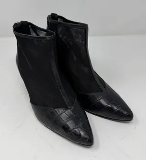 LOGO Croc Embossed Mesh Pointed Toe Block Heel Ankle Boot Black Women Size 6 thumbnail 1
