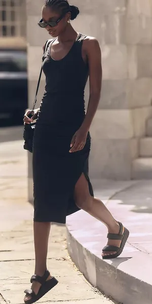 Anthropologie Beyond‎ Yoga Women Fit the Mood Midi Dress XS Black Ruched Tank thumbnail 1