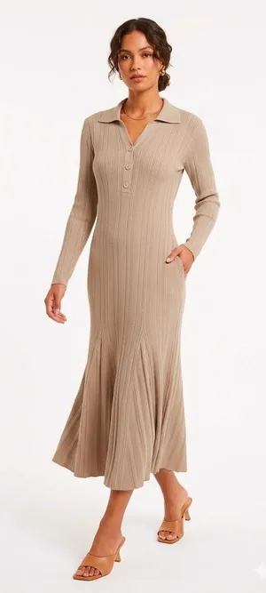 Julian Jordan Sweater Dress in Taupe Size XL Collared Long‎ Sleeve Ribbed thumbnail 1