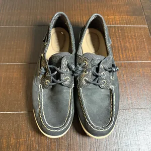 Sperry‎ Boat Shoes Women 9M Black Snakeskin Leather Canvas Songfish Loafers thumbnail 3