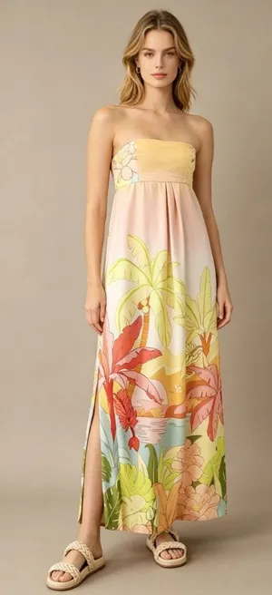 NWOT Farm Rio Linen Blend Floral Strapless Maxi Dress Size XL Hawaiian Tropical thumbnail 1