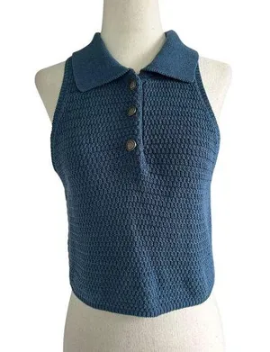 Zara Blue Knit Crochet Crop Top Women Size Medium | 70-13 thumbnail 1