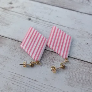 Vintage Stud Earrings Pink & White Striped Dangle thumbnail 2