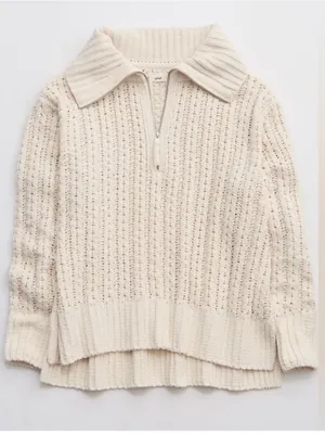 Aerie Cable Car Chenille 1/4 Quarter Zip Sweater Oversized Cream Size Small thumbnail 1