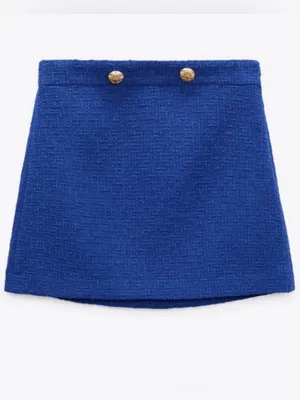 Zara Sapphire Blue Tweed Mini Skirt with Gold Buttons thumbnail 3