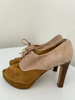 J Crew Peep Toe Suede Oxford Heels Tan Camel Two Tone Size 8 thumbnail 5