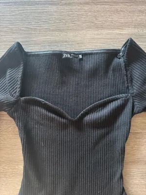 ZARA Black Ribbed Long Sleeve Stretch Knit Sweetheart Neck Bodysuit thumbnail 2