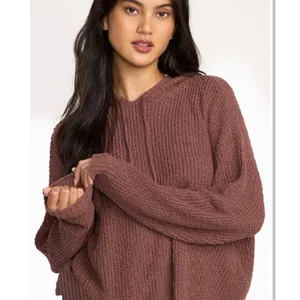 NWT Billabong Hot Beachin Cropped Hooded Knit Sweater Mauve Brown M slouchy fall thumbnail 3