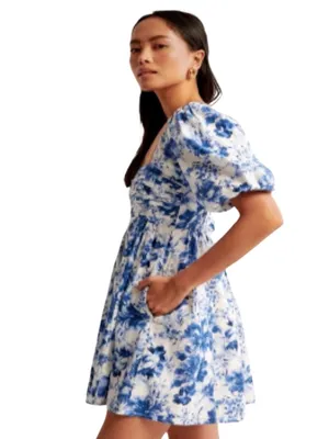 Abercrombie & Fitch Emerson Poplin Puff Sleeve Mini Dress S Blue/White Size XL thumbnail 6