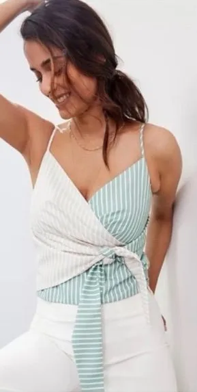 Mare Mare x Anthropologie Tie Front Striped Wrap Tank Top Green Beige Medium thumbnail 1