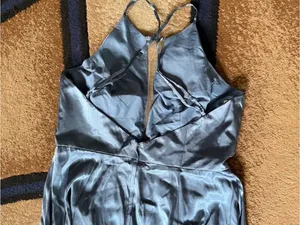 Signature Steel Blue Satin Plunge V Prom Gown thumbnail 3