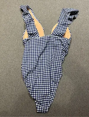 NWT J.Crew Gingham Ruched Ruffle One-Piece Swimsuit Womens Size 12 Blue White thumbnail 6