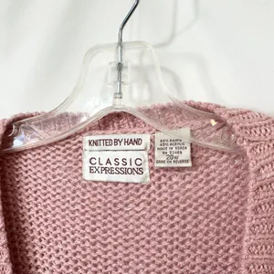 VTG Plus Size 20W Sweater Pink‎ Hand Knit Heart Fringe Cardigan Cottagecore 774 thumbnail 2