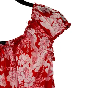 Vintage Y2K Babydoll Top Milkmaid Red Floral Ruffle Bow Fairy Coquette Size L thumbnail 5