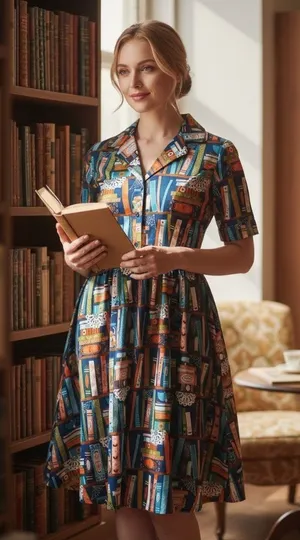 Lindy Bop Bookshelf Print Fit & Flare Shirt Dress Retro Literary Size 4 Books thumbnail 1