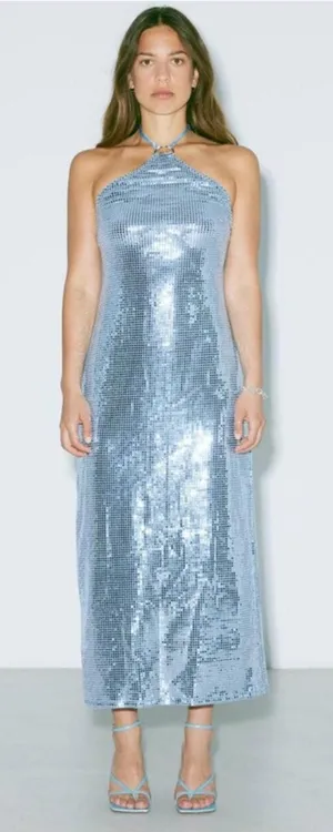 NWT Hosbjerg Sequin‎ Melina Halter Bodycon Midi Dress Winter Sky Blue XS Stretch thumbnail 1