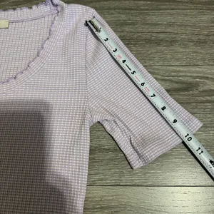 LOFT Women Lilac‎ Y2K Textured Waffle Scoopneck Pointelle Ruffle Henley Top Sz L thumbnail 11