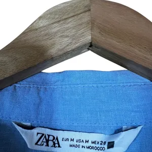 Zara Linen Blend Faux Wrap Long Sleeve Romper Blue Coastal Lughtweight Size M thumbnail 6