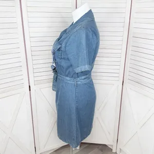 Indulge Chambray Button Up Belted‎ Short Sleeve Shirt Dress Denim Blue Large thumbnail 2