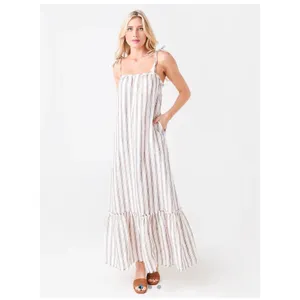 Tory Burch Striped Linen Maxi Dress Brown Cream Tassel Tie Straps 87512 Small thumbnail 9